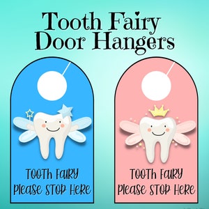Tooth Fairy Door Hanger SignsPlease Stop Here, Instant Download, Pink and Blue Versions image 1