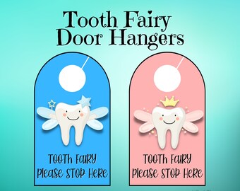 Tooth Fairy Door Hanger Signs--Please Stop Here, Téléchargement instantané, Versions roses et bleues