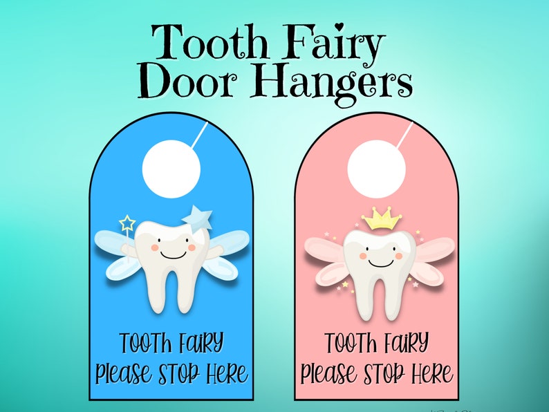 Tooth Fairy Door Hanger SignsPlease Stop Here, Instant Download, Pink and Blue Versions image 1