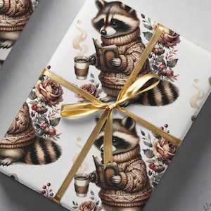 Floral Raccoon drinking coffee and reading books wrapping paper