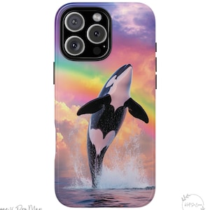 Beautiful Orca Killer Whale Jumping out of water with Rainbow, Whale Phone case, Ocean Sea Orca Lover Gift, Iphone 16, Galaxy Ultra Case