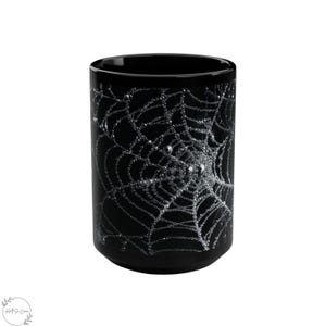 Personalized Silver Glitter Spider Web Coffee Mug, Gothic Halloween Black Cup with Dew Drop Web, Spider Web Lover Gift