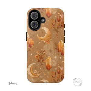Boho Celestial Moon & Crystal Phone Case, Floral Tan Aesthetic iPhone Cover, Witchy Starry Sky Design, Vintage Magic Vibes Accessory