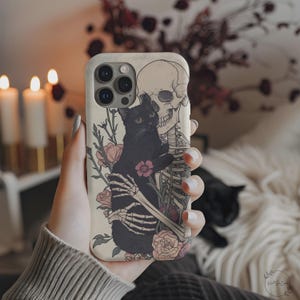 Gothic Black Cat Skeleton Phone Case, Dark Botanical Floral Skull Design, Vintage Macabre Aesthetic, Protective iPhone Cover