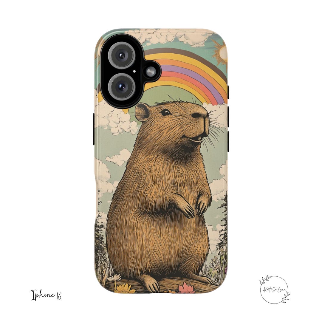 Vintage Capybara With Rainbow Phone Case, Retro Capybara Gift, Capybara ...