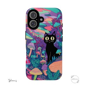 Psychedelic Black Cat Phone Case, Trippy Mushroom Forest Phone Cover, Cute Witchy Cat Lover Gift, iPhone 15, Samsung S24