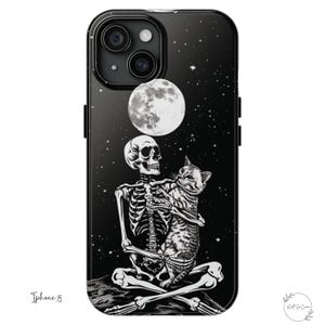 Skeleton Holding Cat Floating in Space Phone Case, Spooky Phone Case, Funny Halloween Gift, Cat Lover Gift, Galaxy S24 Ultra, iPhone 15 Pro