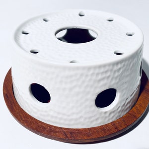 Porcelain Tea Coffee Pot Warmer Teak Base / Vintage Decor 1960s