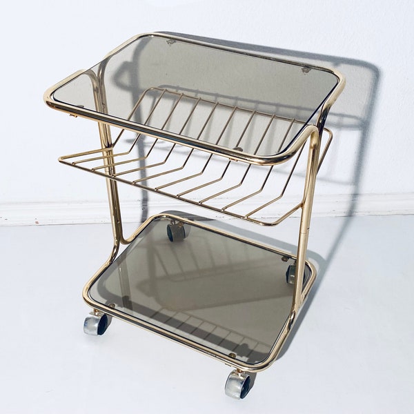 1970s Gold Smoked Glass Shelving Trolley / Vintage Space Age Home Decor