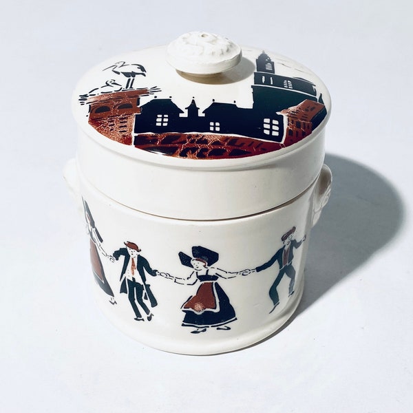 Alsace Round Ceramic Jar Sarreguemines / 1920s Vintage Decor