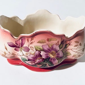 Large Art Nouveau Faiencerie Fives Lille De Bruyn Rectangular Floral Motif Ceramic Planter / 1900s French Majolica