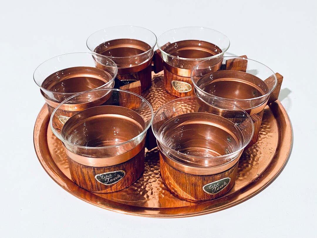 Teak Wood & Copper Tea Serving Set / Tray With Six Jena Glass Schott Tea Glasses / Vintage Decor