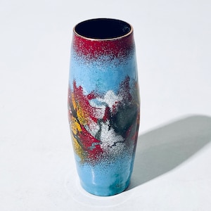 1970s Small Copper Vase WIth Colorful Spray Paint Style Motif / Vintage Decor 1960s/70s