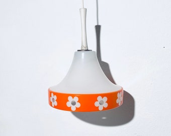 1970s Glass Hanging Lamp With Orange Flower Motif / Flower Power Vintage Kitchen Decor