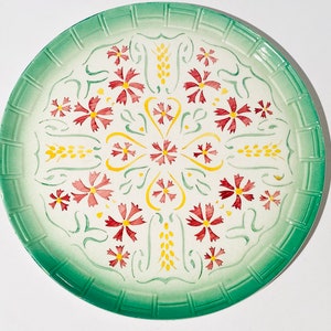 Large Antique Décoré à la Main Green Art Nouveau Wall Plate Cake Platter / Vintage Decor