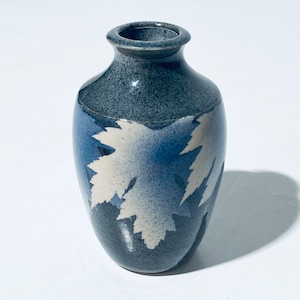Hohwiller Alsace Blue Ceramic Vase With Maple Leaf Motif / Vintage Decor 1988
