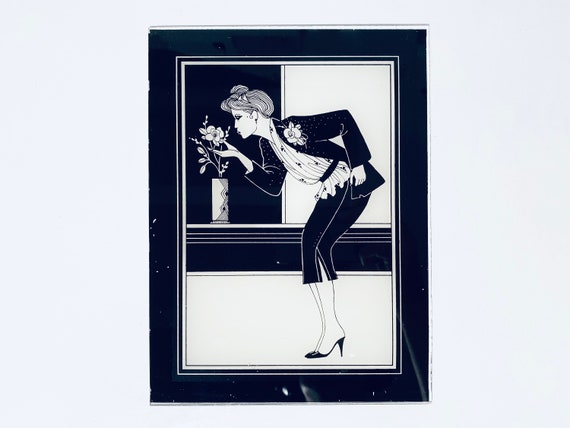 Art Deco Glass Picture Lady With Flowers Motif  / 1920s France