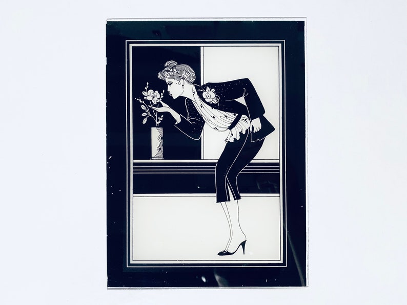 Art Deco Glass Picture Lady With Flowers Motif  / 1920s France