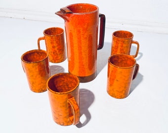 Bitossi Italy Five Orange Ceramic Coffee Cups & Water Jug / 70s Vintage Decor