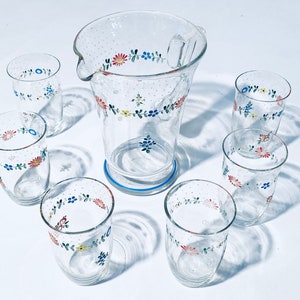 Six Handmade Tumbler Drinking Glasses Set Plus Jug With Floral Pattern / 1930s Vintage Decor