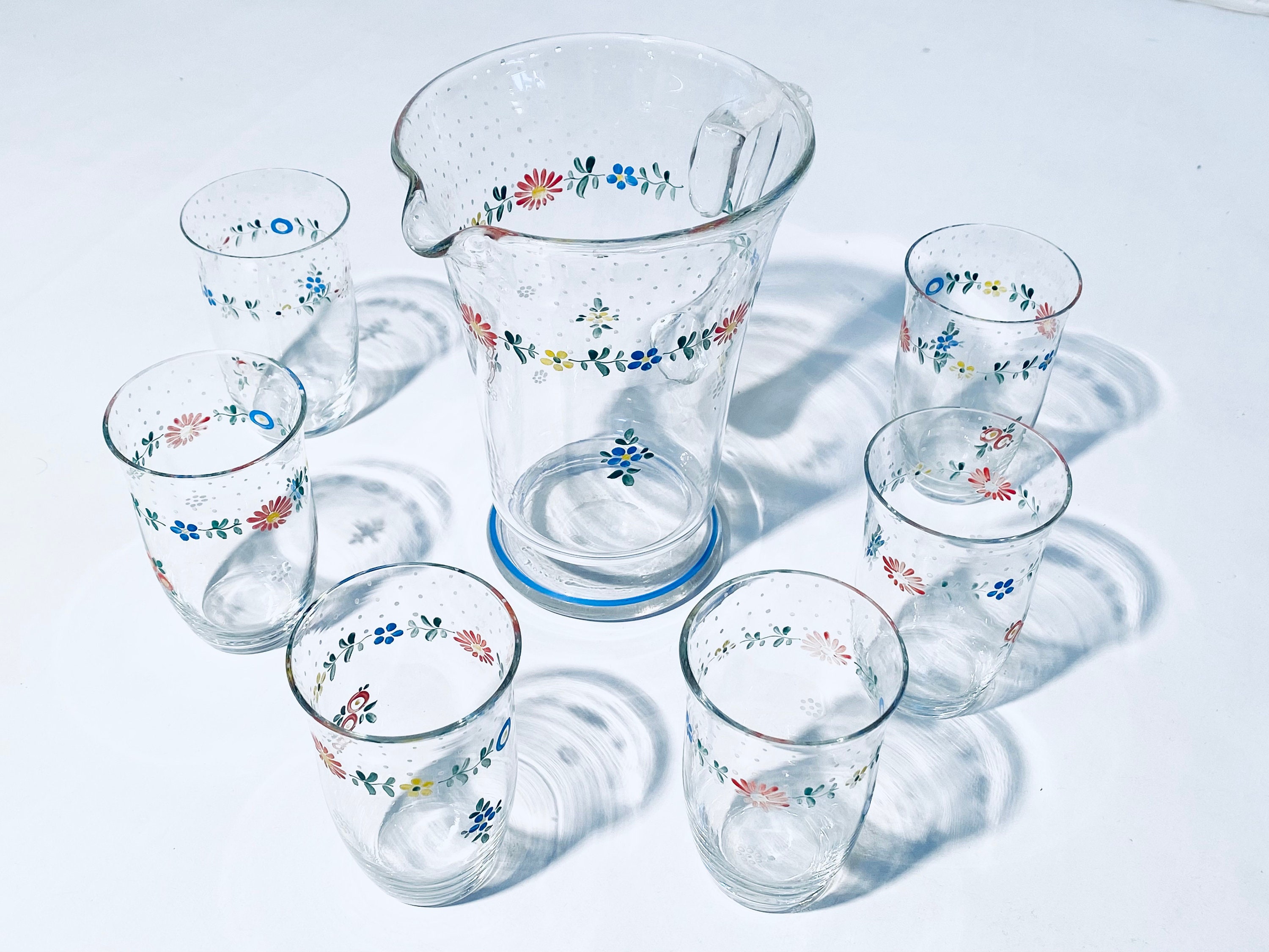 Six Handmade Tumbler Drinking Glasses Set Plus Jug With Floral Pattern / 1930s Vintage Decor