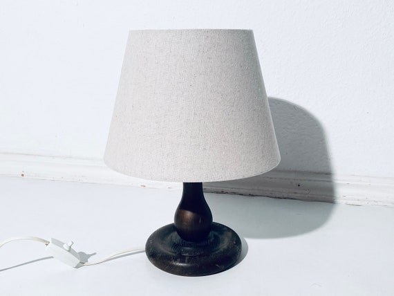 Vintage Wooden Table Lamp With Wide Conical Grey Fabric Lamp Shade / Classic Decor Bedroom Livingroom