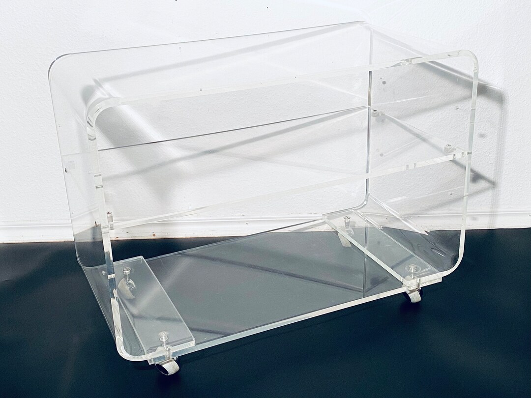 Vintage Plexiglass Perspex Shelving Trolley With Wheels / TV Shelf