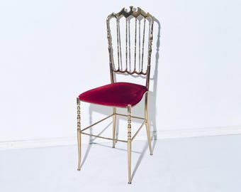 1950s Italian Chiavari Giuseppe Gaetano Descalzi Ornate Brass Red Velvet Chair / Vintage Decorative Side Chair / Mid-Century Furniture