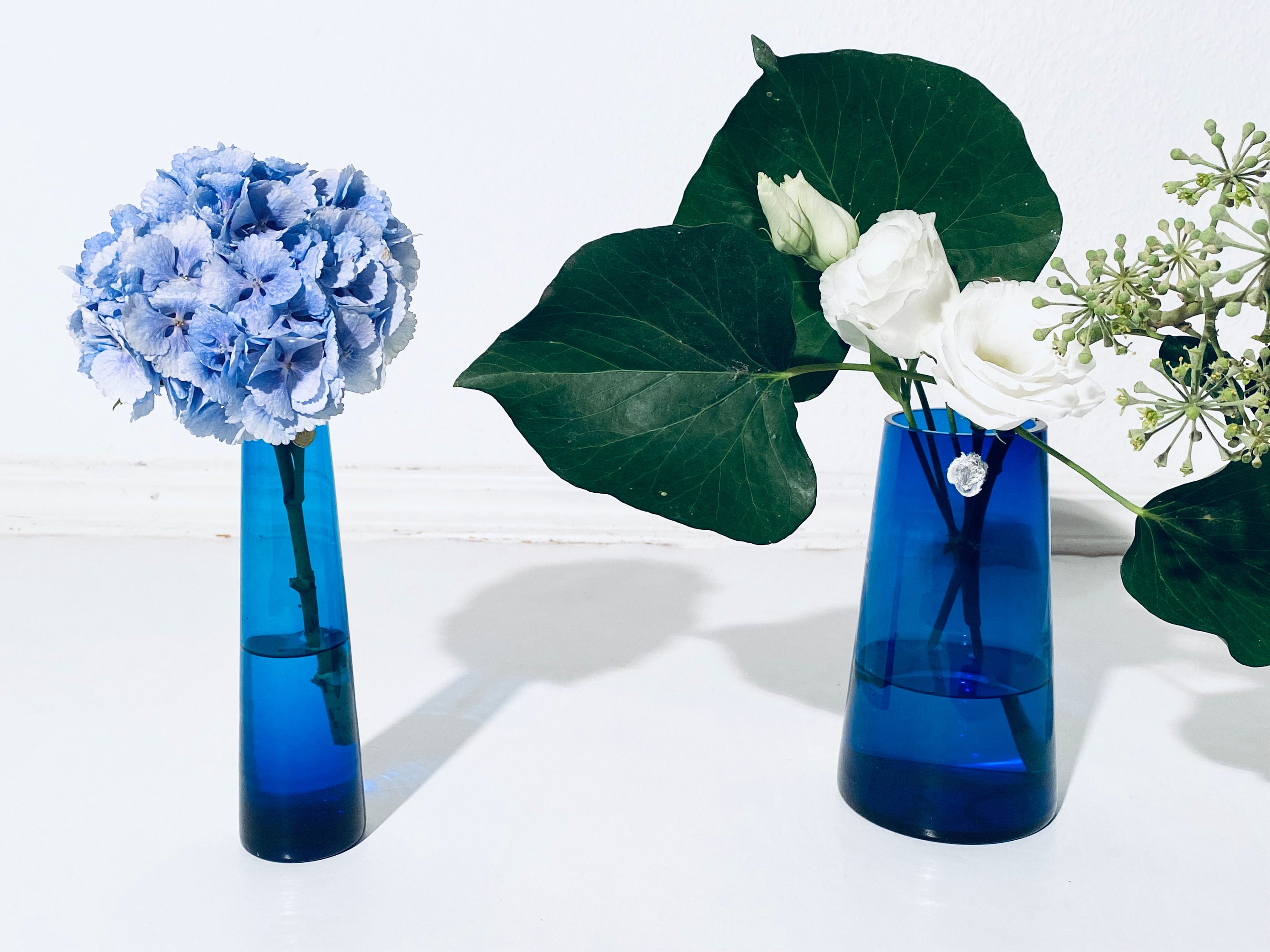 Two Blue Wilhelm Wagenfeld WMF Glass Vases / Turmalin Series