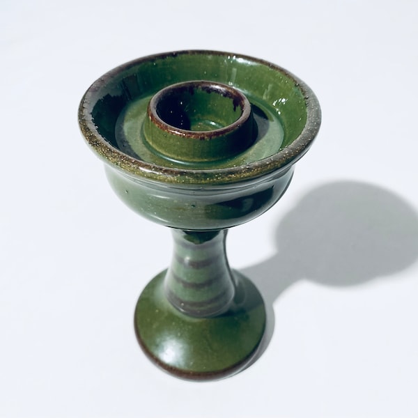 Green Ceramic Candleholder With Plinth / 1960s 70s Scandinavian Decor