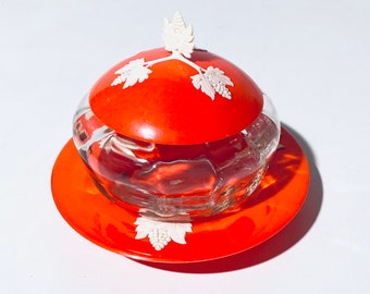 Orange Glass Sugar Or Jam Bowl With Wine Leaf Motif / Vintage Kitchen Decor 1960s/70s