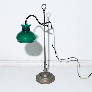 Classic Metal Table Lamp With Green Glass Shade / Banker Library Lamp / Vintage Interior