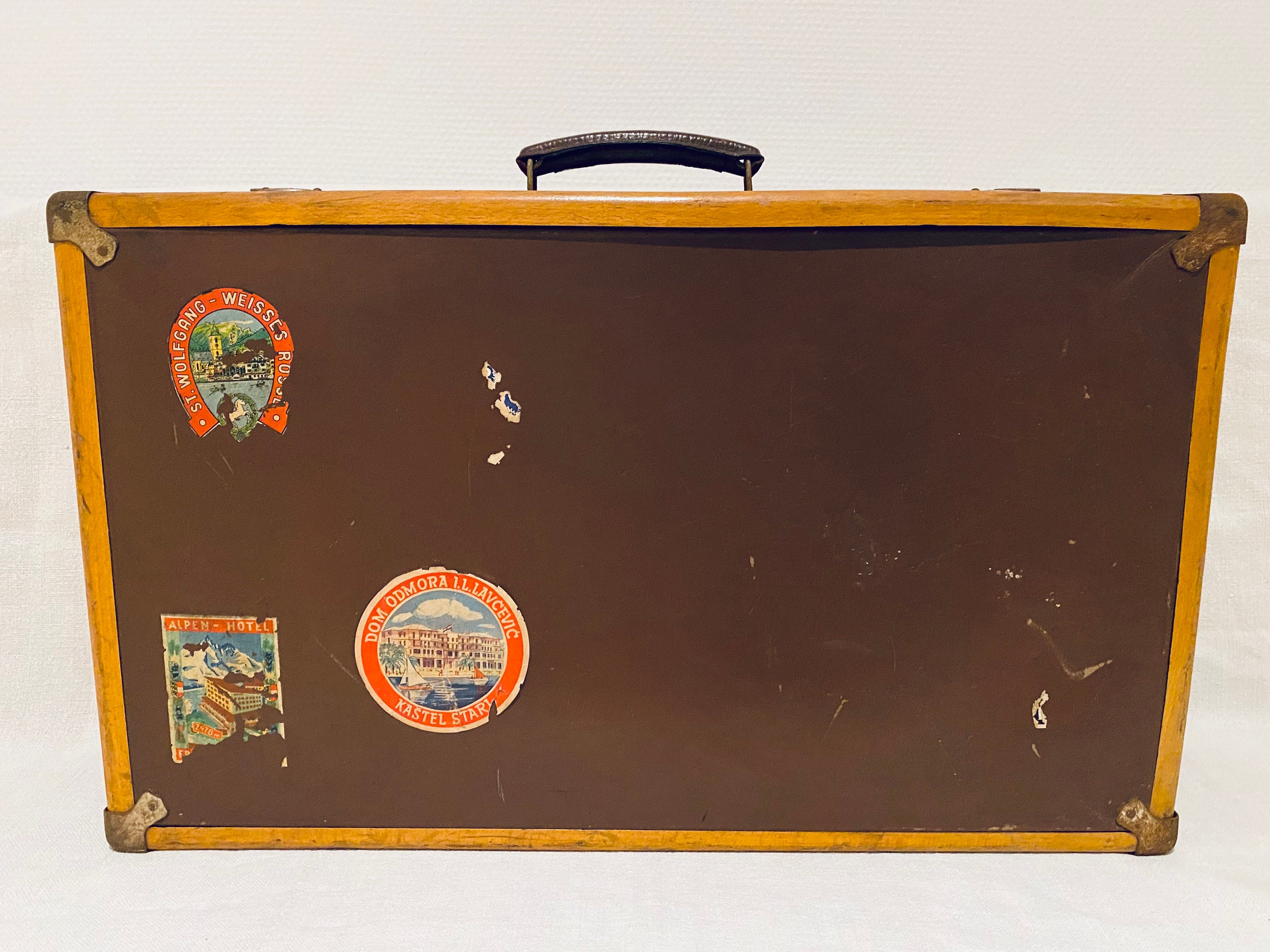 Valigia Vintage In Legno Con Cinghie Decorative E Manico In Pelle - Baule Portaoggetti Per Casa, Abbigliamento, Giocattoli, Oggetti Di Scena Fotografici