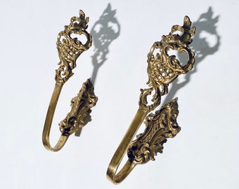 Two Baroque Solid Brass Coat Hooks / Vintage Decor 1960s / Shabby Chic
