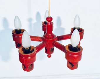 Wooden Red Candle Chandelier Hanging Lamp / Vintage Decor 1970s