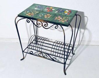 1970s Vallauris Table Ceramic Tiles Flower Motif / Vintage Space Age Design Furniture