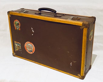 Antique Travel Suitcase / Leather and Wood / Old Travel Stickers