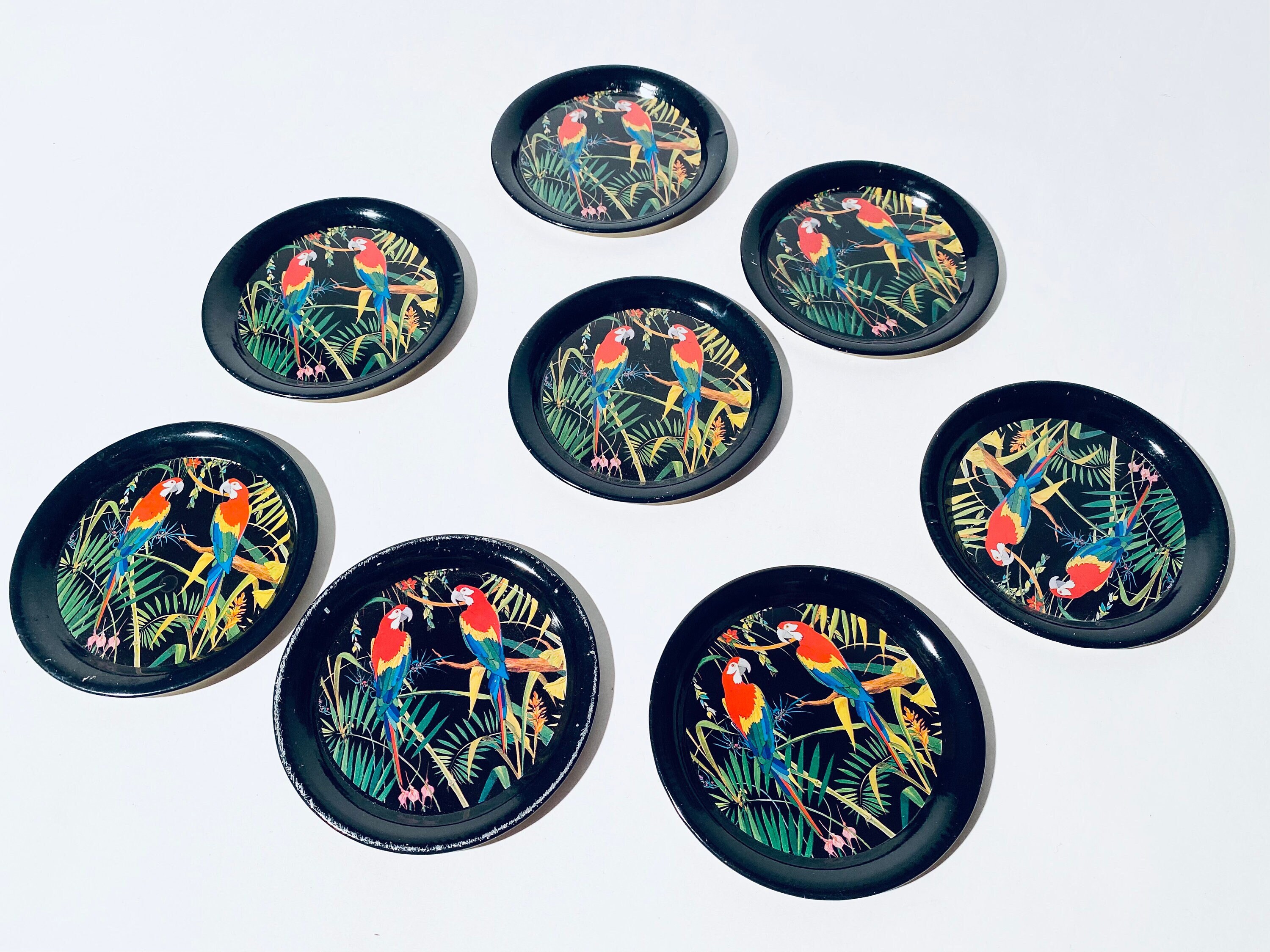 Eight Vintage Drink Coasters Set With Parrot Motif / Vintage Etsy