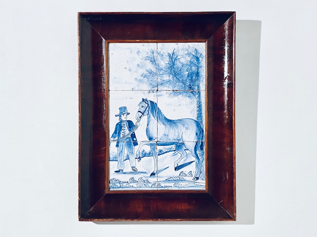 Antique Delft Blue Ceramic Tile Horse Farmer Motif Picture / Dutch