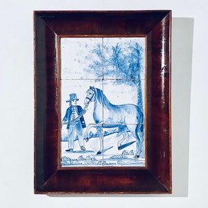 Antique Delft Blue Ceramic Tile Horse Farmer Motif Picture / Dutch Tiles / 1890s