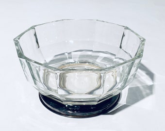 Large Clear Decagon Crystal Glass Fruit Bowl With Silver Plated Base / Vintage 1960s Decor