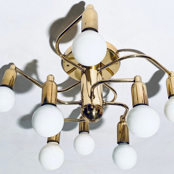 Designer Gold Chandelier Ceiling Lamp With Eight Bulbs Sölken-Leuchten / Vintage Decor 1960s