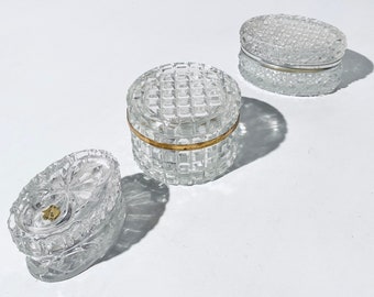 Three Crystal Glass Jewellery Box Holders Set / Vintage Decoration