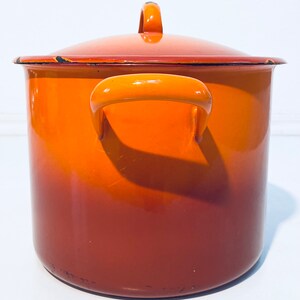 Pu&ograve; includere: Una pentola smaltata arancione e marrone con un coperchio e due manici. La pentola ha un gradiente di colore dall'arancione al marrone.