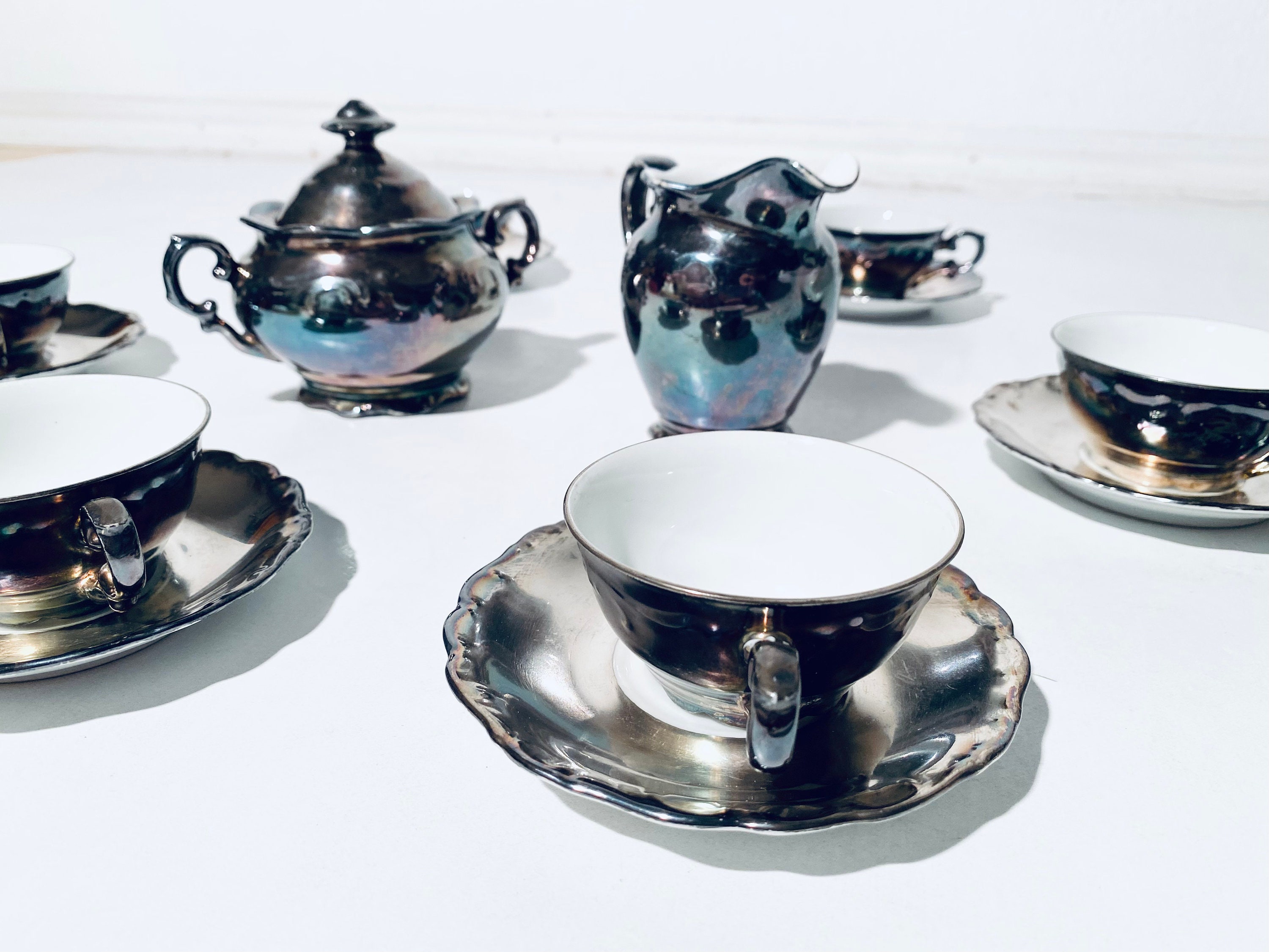 Silver Plated Rudolf Wachter Bavaria Porcelain Tea Cup Set With
