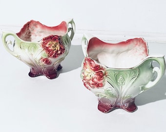 Two Art Nouveau Majolica Jardinière Square Floral Motif Ceramic Vases Planters / Vintage Decor