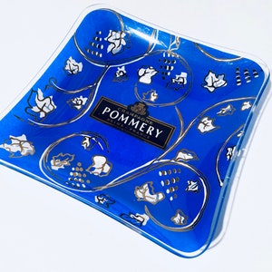 Champagne Pommery Blue Glass Square Ashtray Bowl / Vintage Decor