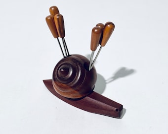 Mid-Century Snail Teak Stainless Steel Punch Bowl Fork Set Holder /  Vintage Decor