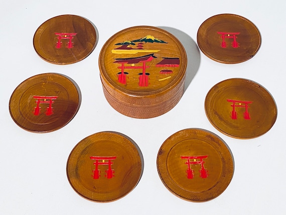 Six Handmade Wooden Japanese Drink Coasters Set With Tori Gate
