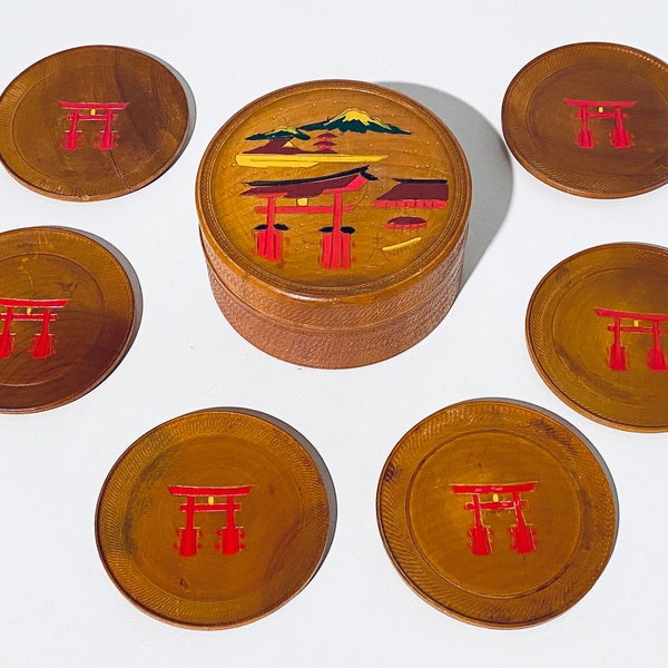 Six Handmade Wooden Japanese Drink Coasters Set With Tori Gate Motif / Vintage Decor 60s